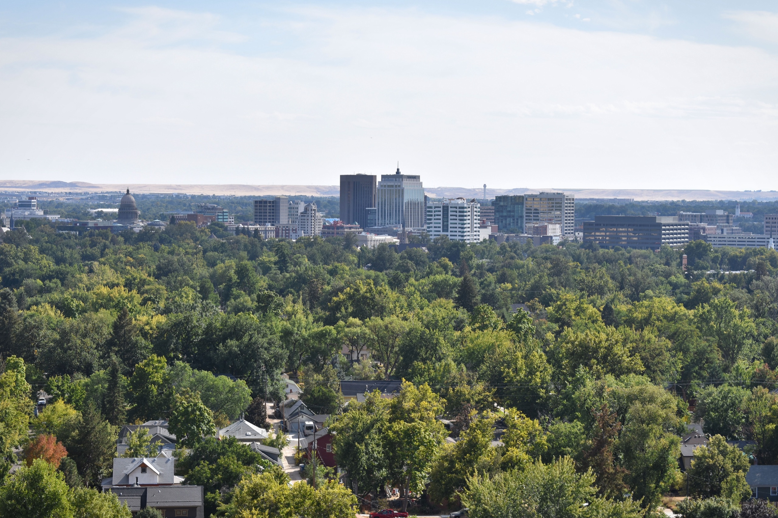 Downtown Boise skyline with the Idaho State Capitol dome visible, seen from Camel's Back Park